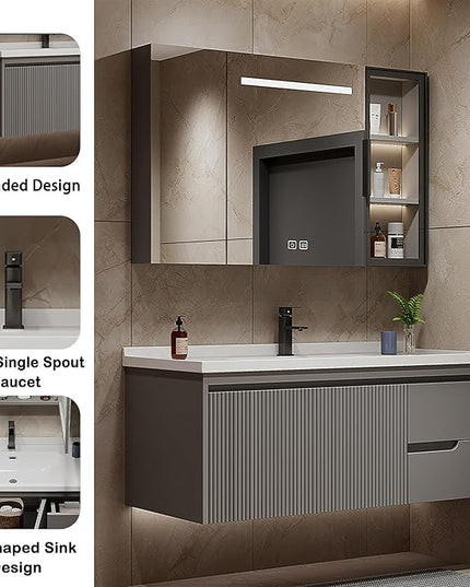 Grey Bathroom Vanity With Sink - 28IN Bathroom Vanity Include Smart Defog Mirror Cabinet & LED Light & 2 Drawers | Side Cabinet Storage Design & Three-Dimensional Stripe Design, Easy to Install