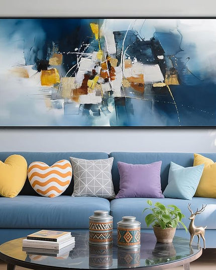 Abstract Canvas Wall Art Navy Blue Wall Art for Living Room Framed Modern Artwork for Walls, Above Bed Wall Decor Navy and Gold for Bedroom and Living Room Office Pictures Wall Decor 29×58IN