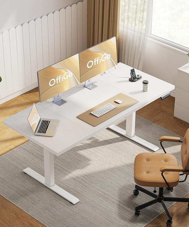 OffiGo Electric Standing Desk with 3-Piece Board, 71 Inch Height Adjustable Large Table with Power Outlets, Sit Stand Table, Writing Computer Desk for Home, Office, Workstation, White
