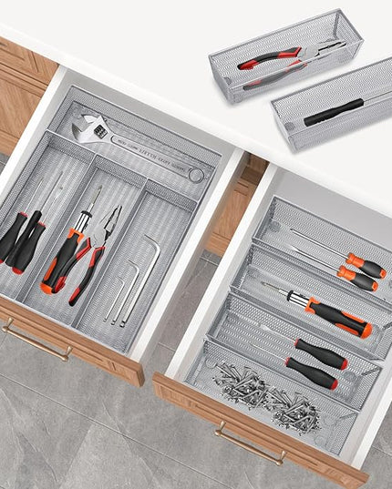 Neudeco Drawer Organizer Set 5 Pack - 4-Compartment Silverware Organizer Tray + 4 Utensil Trays, Kitchen Drawer Organizer for Flatware, Cutlery, Office Supplies, Silver Mesh, Non-Slip,Silver