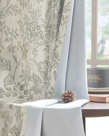 Lazzzy Linen Farmhouse Green Floral Lined Curtains 96 Inch Length Grommet Top Drapes for Living Room Bedroom Flower Patterned Country Vintage Curtains 2 Panels Set Green on Beige