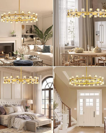 36-Light Large Gold Chandeliers for High Ceilings, 36 Inch Modern Crystal Wagon Wheel Chandelier, Farmhouse Industrial Round Chandelier Pendant Lighting Fixture for Dining Living Room Kitchen