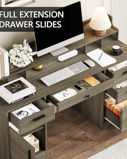 58 Inch Executive Desk with File Drawers, Computer Desk with Storage, Rustic Desk with Adjustable Shelves, Office Desk with Hutch for Bedroom, Grey