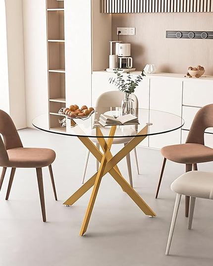 47.24" Round Glass Dining Table Modern Kitchen Glass Top Table for 6 with Gold Metal Legs, Clear Dining Table Kitchen Table for Home Office Dining Room