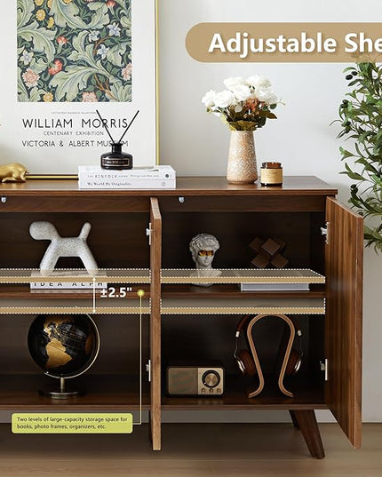 Fluted Sideboard Buffet Cabinet with Storage, Modern Storage Cabinet with 3 Doors, Wood Credenza Buffet Sideboards, Console Table for Kitchen Dining Living Room Entryway (Walnut)