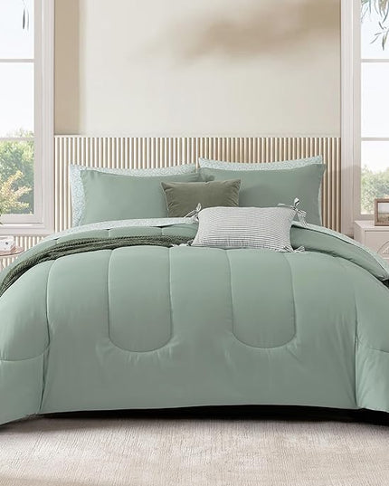 Monbix Full Comforter Set - 7 Pieces Sage Green Bed in a Bag Full Size Track Stitching Bedding Sets, All Seasons Down Alternative Comforter with Sheets,Pillowcases & Shams