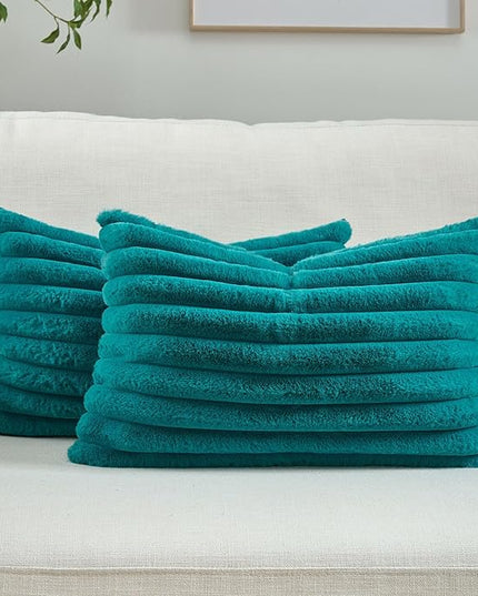 FUTEI Teal Green Throw Pillow Covers Set of 2, 12x20 Inch Striped Texture Lumbar Pillow Cases with Soft Faux Rabbit Fur Front & Velvet Back, Modern Decorative Couch Pillows for Living Room