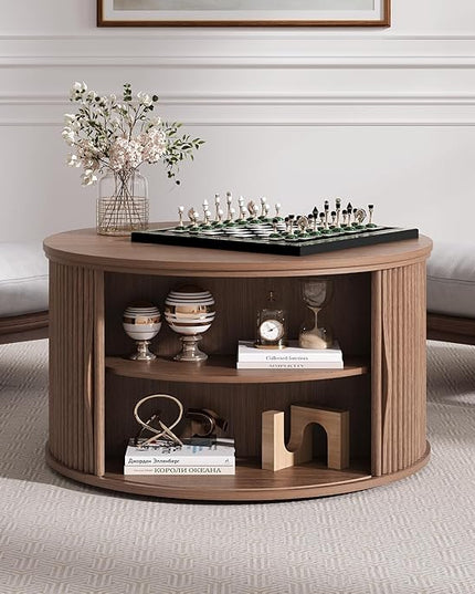 Round Coffee Table with Storage, 31.5" Drum Coffee Table with Lifting Top, Small Fluted Accent Center Table for Living Room, Walnut