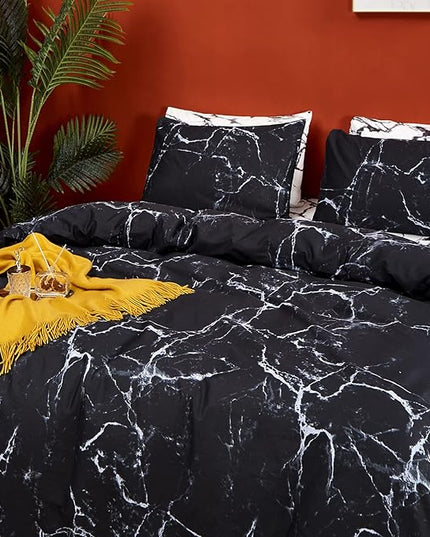 CLOTHKNOW Black White Grey Full Size Comforter Sets Marble Bedding Comforter Sets Soft All Season Black Comforters with 2 x Pillow Cases