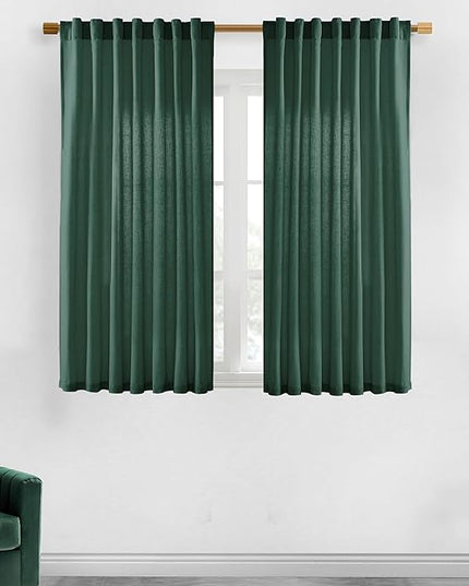 XTMYI Emerald Dark Green Back Tab/Hook Belt Linen Cotton Sheer Curtains for Bathroom 45 Inch Length