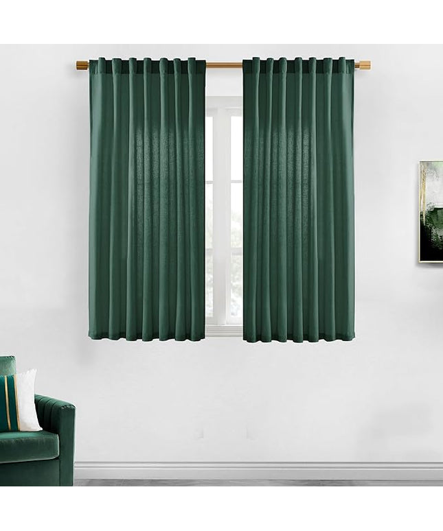 XTMYI Emerald Dark Green Back Tab/Hook Belt Linen Cotton Sheer Curtains for Bathroom 45 Inch Length
