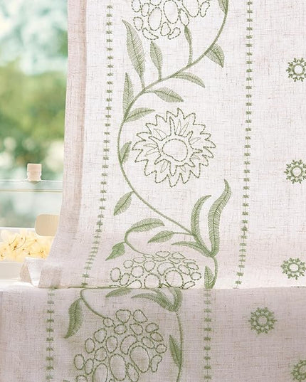 jinchan Winslow Linen Curtains 45 Inch Length Christmas Decorations Farmhouse Small Window Curtains Embroidered Bordered Floral Drapes Light Filtering for Bathroom Kitchen Sage on Beige 2 Panels