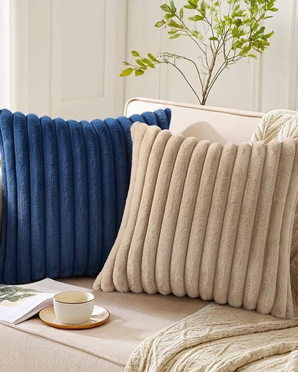 Pallene Faux Fur Plush Throw Pillow Covers 22x22 Set of 2, Luxury Soft Fluffy Striped Decorative Pillow Covers for Sofa, Couch, Living Room, Khaki