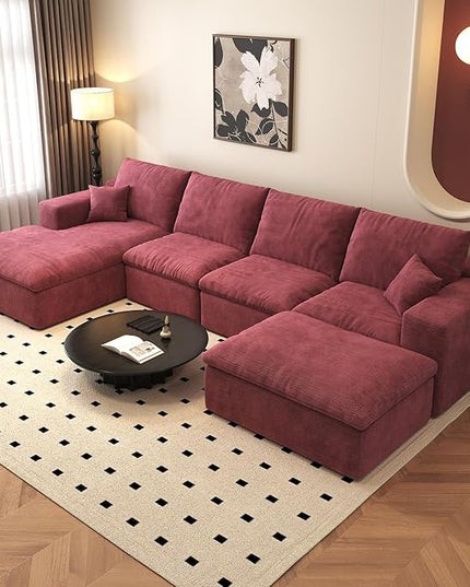 136.6'' U-Shaped Modern Modular Sectional Cloud Couch Whit Ottoman, 4-Seat Chenille Deep-Seat Sofa with Pillow for Living Room, Bedroom, Apartment, Wine Red