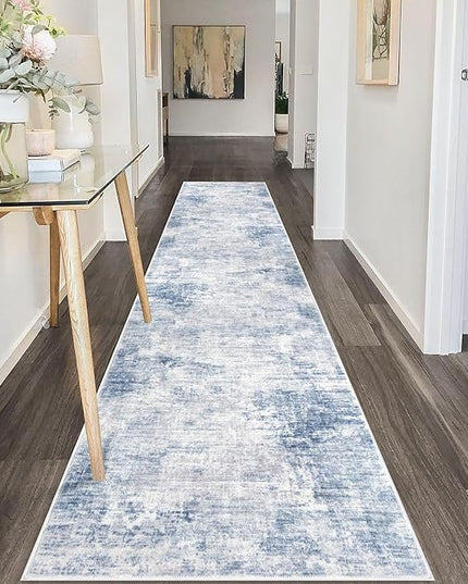IOHOUZE Abstract Runner Rug 2x10 Ft Washable Runners for Hallways, Non Slip Kitchen Runner Printed Faux Wool Entryway Runner Indoor, Modern Abstract Floor Carpet for Hall Kitchen, Light Blue White