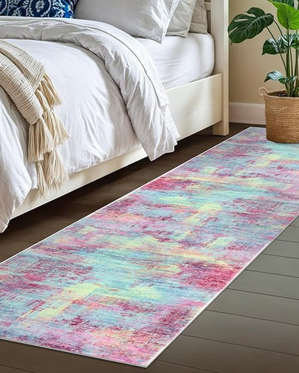 IOHOUZE Abstract Runner Rug 2x7 Ft Washable Runners for Hallways, Non Slip Kitchen Runner Printed Faux Wool Entryway Runners Indoor, Modern Abstract Floor Carpet for Hall Kitchen Bedroom, Pink Teal