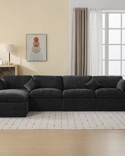 155''Cloud Boneless Sectional Couch, Modular Sectional Sofa Deep Seat with Ottoman, Oversized Upholstered Convertible Comfy 5 Seater Chenille Sofa L Shape Couches for Living Room, Dark