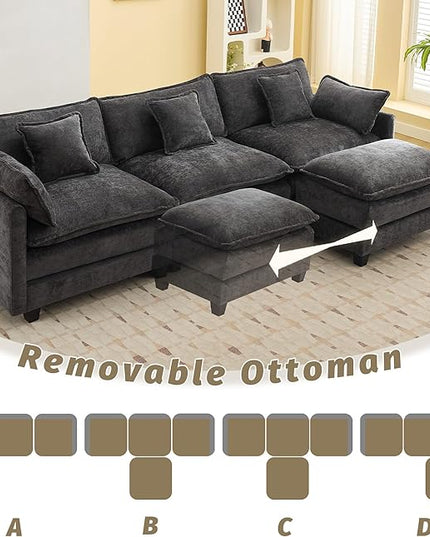 111'' Sectional Cloud Deep Seat Couch, Modern Comfy Chenille L Shaped Sectional Sofa for Living Room Set, Upholstered Modular 4-Seats Sofa Couch with Movable Ottoman, Dark Grey