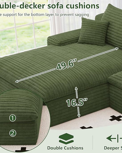 136" Cloud Couch Modular Sectional Sofa for Living Room, U-Shape Boneless Couch with Deep Seat, Modern Corduroy 4-Seater with Ottoman, No Assembly Required (Green,Left-Facing Chaise)