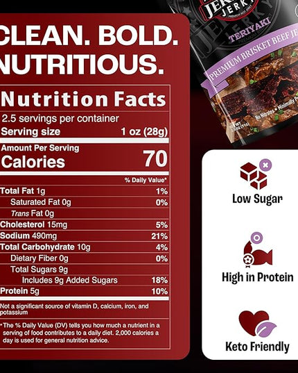 Jerzey Jerky Teriyaki Brisket Jerky 2.5oz (2 Pack) – High Protein, Gluten Free and Healthy Beef Snacks with Rich, Authentic Flavor