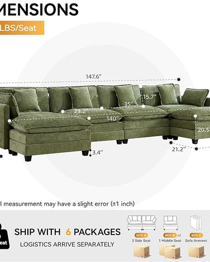 147'' Sectional Cloud Deep Seat Couch, Oversized Chenille U Shaped Sectional Sofa for Living Room Set, Comfy Upholstered Modular Sectional Sofa Couch with Movable Ottoman, Green