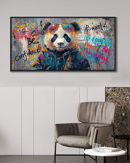 JEAWA Large Framed Canvas Wall Art, Black and White Panda Graffiti Street Art Pop Abstract Modern Paintings for Living Room Bedroom Study Office Inspirational Picture Home Decor 24x48 IN