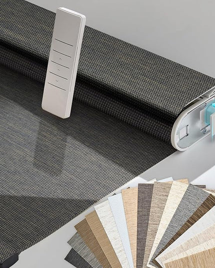 Persilux Smart Motorized Blinds with Remote, No Drill Automatic Roller Shades for Indoor Windows, Light Filtering Linen Fabric, Electric Blinds for Windows, Weave Blend Coal C162-8, Custom Size