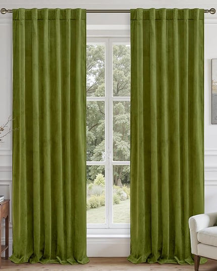 LAMIT Moss Green Velvet Curtains 108 Inch for Living Room, Vintage Thermal Insulated Blackout Panels Super Soft Back Tab and Rod Pocket Window Drapes for Bedroom, 2 Panels, 52 x 108 Inch