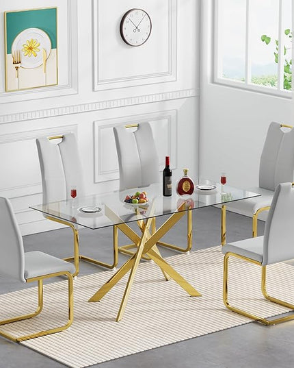7 Piece Glass Dining Table Set, Gold Glass Kitchen Dining Room Table Set for 6, Modern 51" Rectangular Glass Metal Dining Table with 6 Grey Leather Dining Chairs for Kitchen Dining Room