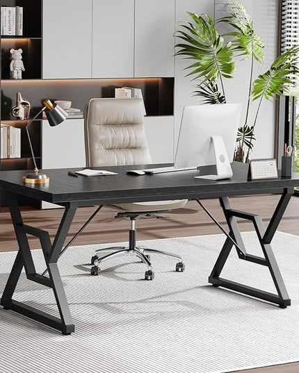63" Large Executive Desk - Computer Office Desk Workstation, Modern Business Writing Table with Sturdy Metal Legs for Home Office (Black/Black)