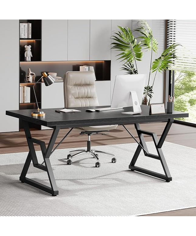 63" Large Executive Desk - Computer Office Desk Workstation, Modern Business Writing Table with Sturdy Metal Legs for Home Office (Black/Black)