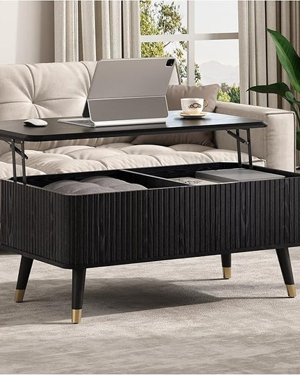 Lift Top Coffee Table with Storage, Modern Coffee Table with Solid Wood Legs, 38" Minimalist Fluted Center Table for Living Room, Home Office, Black