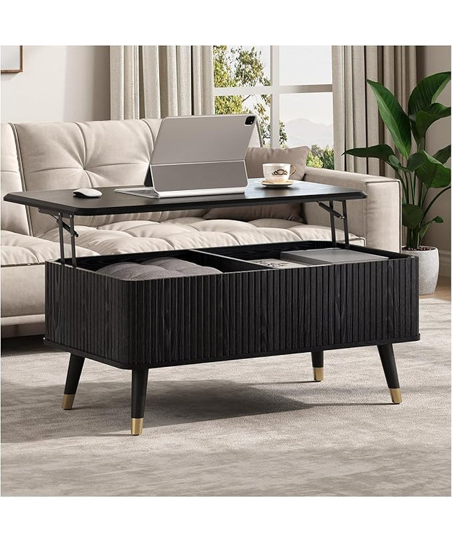 Lift Top Coffee Table with Storage, Modern Coffee Table with Solid Wood Legs, 38" Minimalist Fluted Center Table for Living Room, Home Office, Black