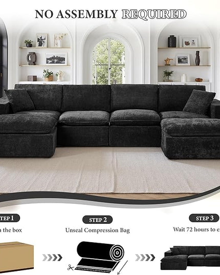 108" Sectional Couches for Living Room Boneless Couch Upholstered Cloud Couch Sectional Modular Sectional Sofa with L Shaped (Chenille-Black, 4 Seat+2 Ottoman)
