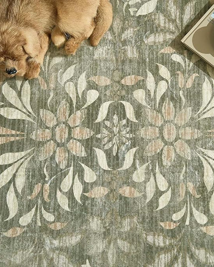 jinchan Hallway Runner Rug 2x10 Vintage Floral Distressed Design Machine Washable Non-Slip Low-Pile Soft Thin Faux Wool Kitchen Christmas Carpet for Farmhouse Bedroom Laundry Room(2x10ft, Dark Green)