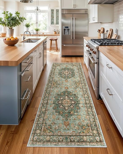 Washable Oriental Hallway Runner Rug - 3x8 Rugs for Living Room Soft Carpet for Bedroom Kitchen Waterproof Floral Distressed Indoor Stain Resistant Non-Shedding Floor Carpets (Green, 3X8)