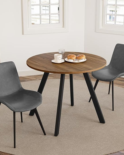 34.6'' Dining Table and Chairs for 2, Mid Century Modern Round Table Set, Space Saving for Apartment Kitchen Dining Room (Walnut Table+2 Grey Chairs)