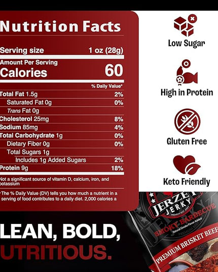Jerzey Jerky Smoky Barbecue Brisket Jerky 2.5oz (2 Pack) – High Protein, Gluten Free and Healthy Beef Snacks with Rich, Authentic Flavor