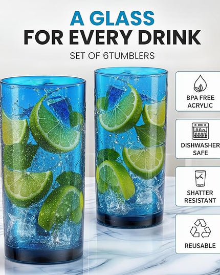 Zulay Kitchen Acrylic Glasses Drinkware - 6 Piece Unbreakable Plastic Tumblers - BPA-Free, Reusable Plastic Drinking Glasses for Home & Outdoors - Stackable, Lead-Free, Dishwasher Safe, Blue (24oz)