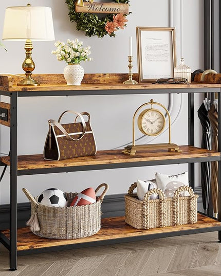 IRONCK Console Table, Sofa Table with Power Outlet, Farmhouse Hallway Table for Entryway, Living Room, Height Adjustable, Easy Assembly, Rustic Brown, 43"
