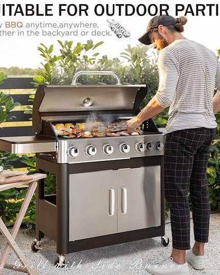 Sophia & William 6-Burner Propane Gas BBQ Grill with Side Burner & Porcelain-Enameled Cast Iron Grates, Stainless Steel Barbecue Grills Outdoor Cooking for Outside, 665 SQ.IN. Cooking Area, 65,800BTU