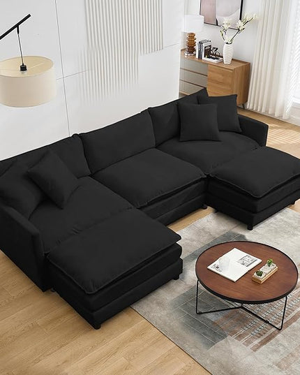 Modular Sectional Sofa,108.27'' Modern Sleeper Sofa Couch with 3 Seat & 2 Ottoman & 3 Pillows Sofa Set, Cloud Couches with Movable Ottoman Deep Seat Couch for Living Room, Chenille (Black, U Shaped)