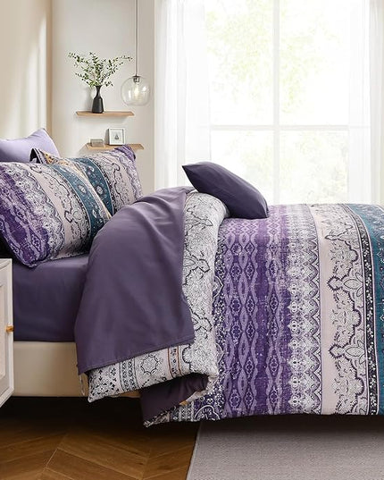 Cottolester Boho Comforter Set California King Size 8 Pieces,Violet Bohemian Striped Bed in a Bag, Paisley Soft Microfiber Bedding Comforter Set