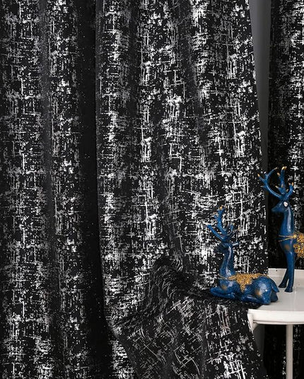 Taisier Home Black & Silver Glittering Geometric Dots Curtains 108" - Room Darkening Privacy Drapes, Set of 2 Silver Foil Print Linen Panels with Sparkling Accents for Bedroom Living Room Decor