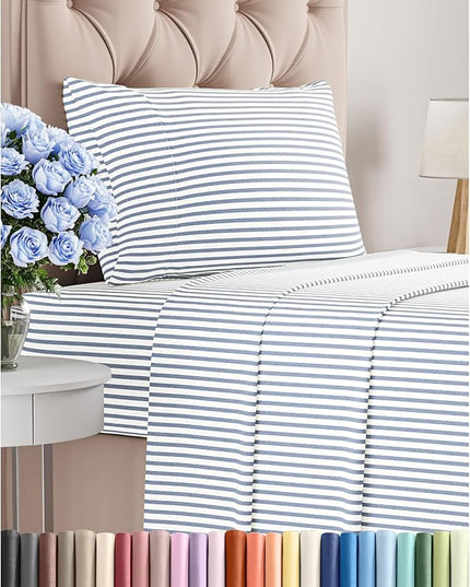 Twin Size 3 Piece Sheet Set - Comfy Breathable & Cooling Bed Sheets Set - Hotel Luxury Bedding for Women, Men, Kids, Teens, Boys & Girls - Deep Pockets, Soft, Wrinkle Free - Oeko-Tex - Blue Stripes 2