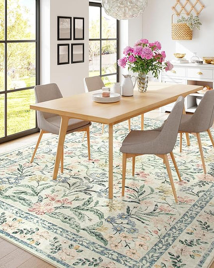 Wonnitar Large Rugs for Living Room, Soft Washable Floral 9x12 Area Rug for Bedroom, Boho Non-Shedding Foldable Carpet for Kids Playroom Apartment Home Decor