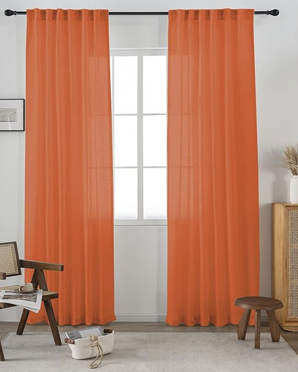 DUALIFE Rust Linen Semi Sheer Window Curtain 84 Inch Length Panels Drapes for Living Room Boho Rod Pocket Back Tab Long Curtains Set 2 for Farmhouse Decor Bedroom,Burnt Orange,52 x 84