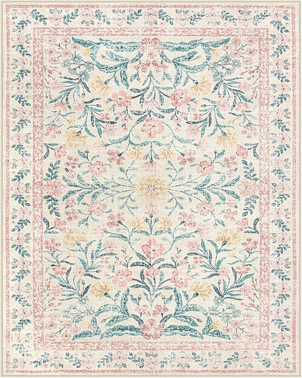 Wonnitar 8x10 Washbale Rugs for Living Room, Boho Pink Room Decor for Girls Bedroom, 8 x 10 Soft Non Slip Low Pile Indoor Floral Carpet for Kids Room Playroom Toddler Nursery