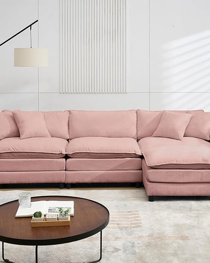 Modular Sectional Sofa,108.27'' Modern Sofa Sleeper Couch with 3 Seat & 1 Ottoman & 3 pillows Sofa Set,Comfy Cloud Couches with Movable Ottoman Deep Seat Sofa for Living Room Chenille (pink, L shaped)