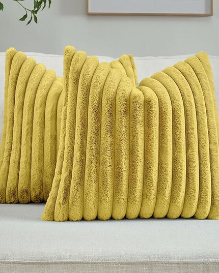 FUTEI Mustard Yellow Throw Pillow Covers Set of 2, 16x16 Inch Striped Texture Cushion Cases with Soft Faux Rabbit Fur Front & Velvet Back, Modern Decorative Couch Pillows for Living Room